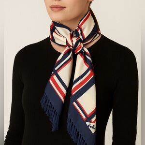 Vintage Silk Echo Plaid Criss Cross Scarf Red White Blue Fringe